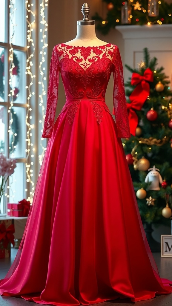 An elegant long red Christmas dress with lace detailing on a mannequin, surrounded by holiday decorations.